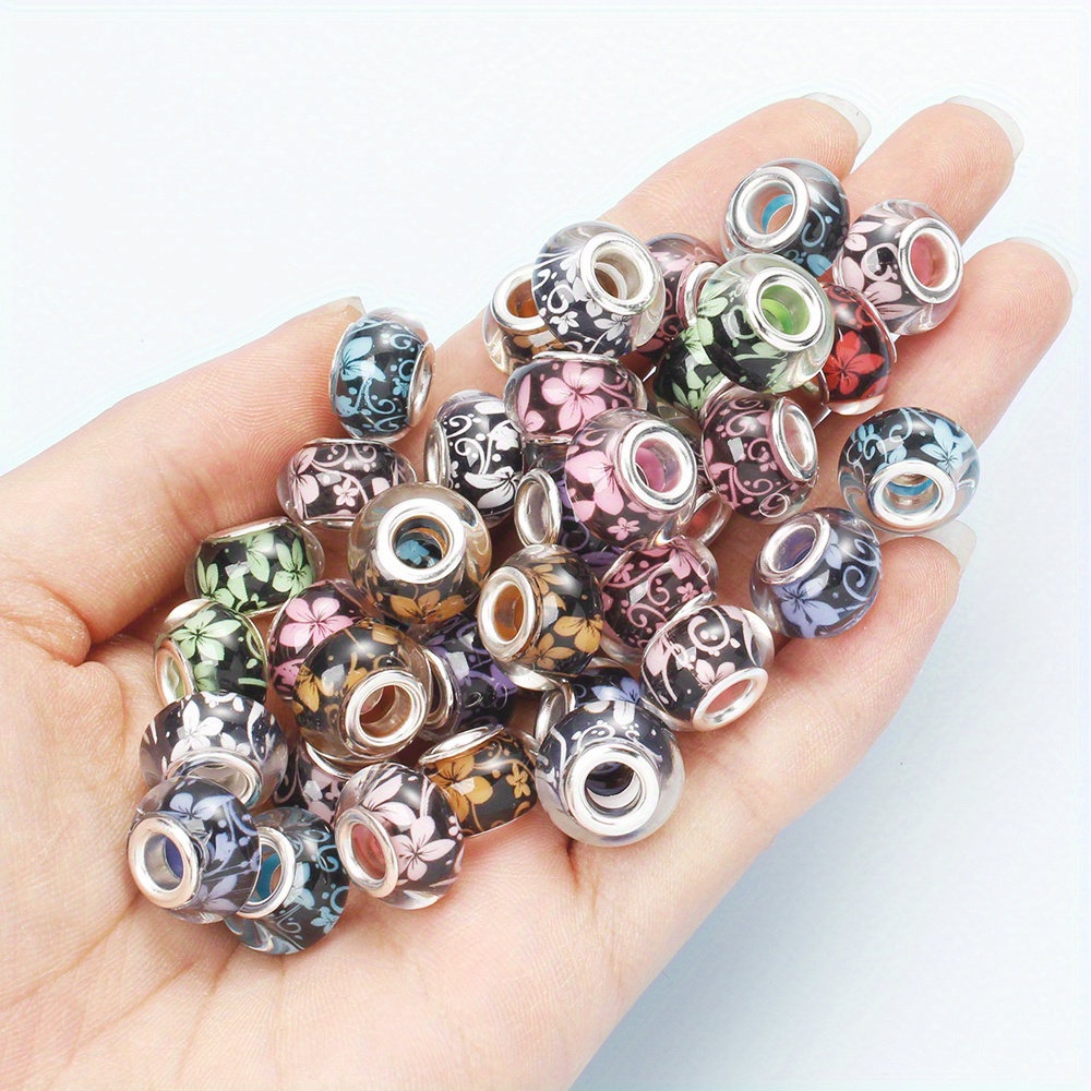 9x14mm Floral Print Acrylic Beads Clear Big Hole Assortment for Jewelry Making